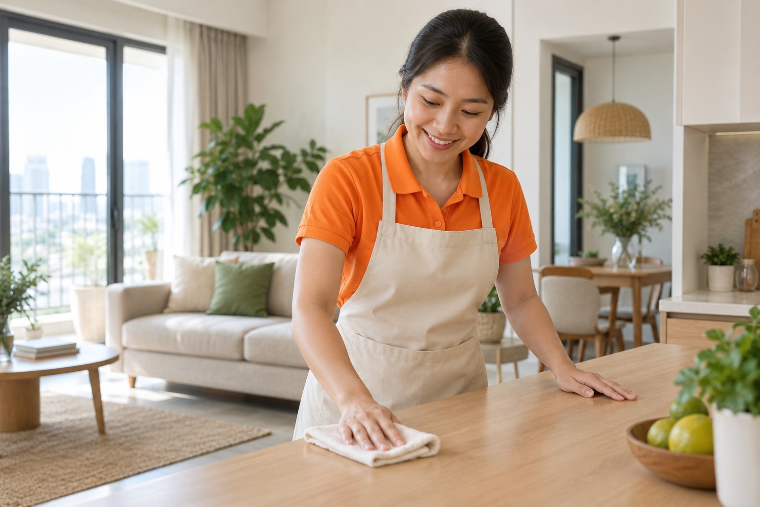 Người giúp việc mặc áo cam chăm chút căn bếp sáng sủa